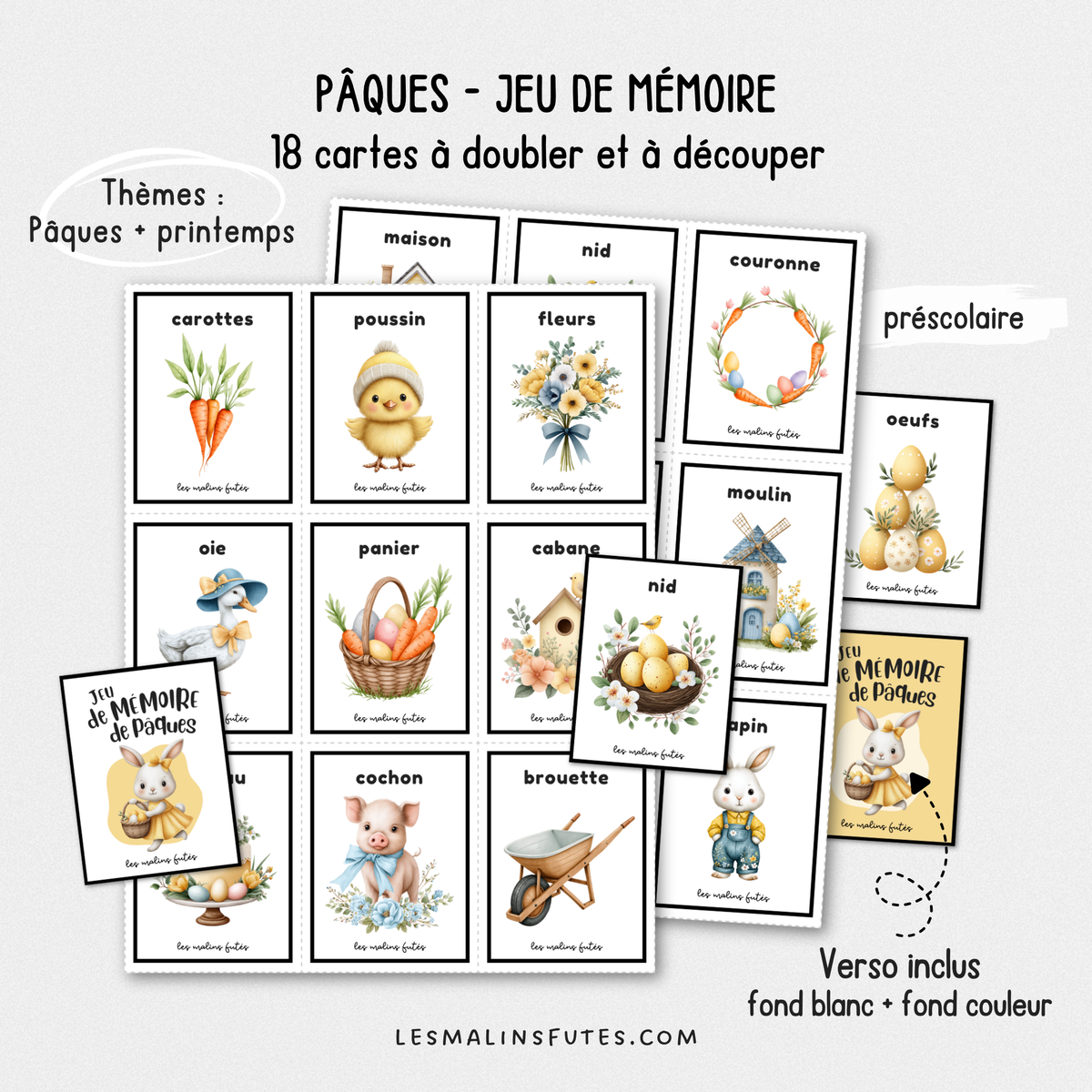 Illustrations du jeu de mémoire sur le thème de Pâques pour le préscolaire. Les Malins Futés