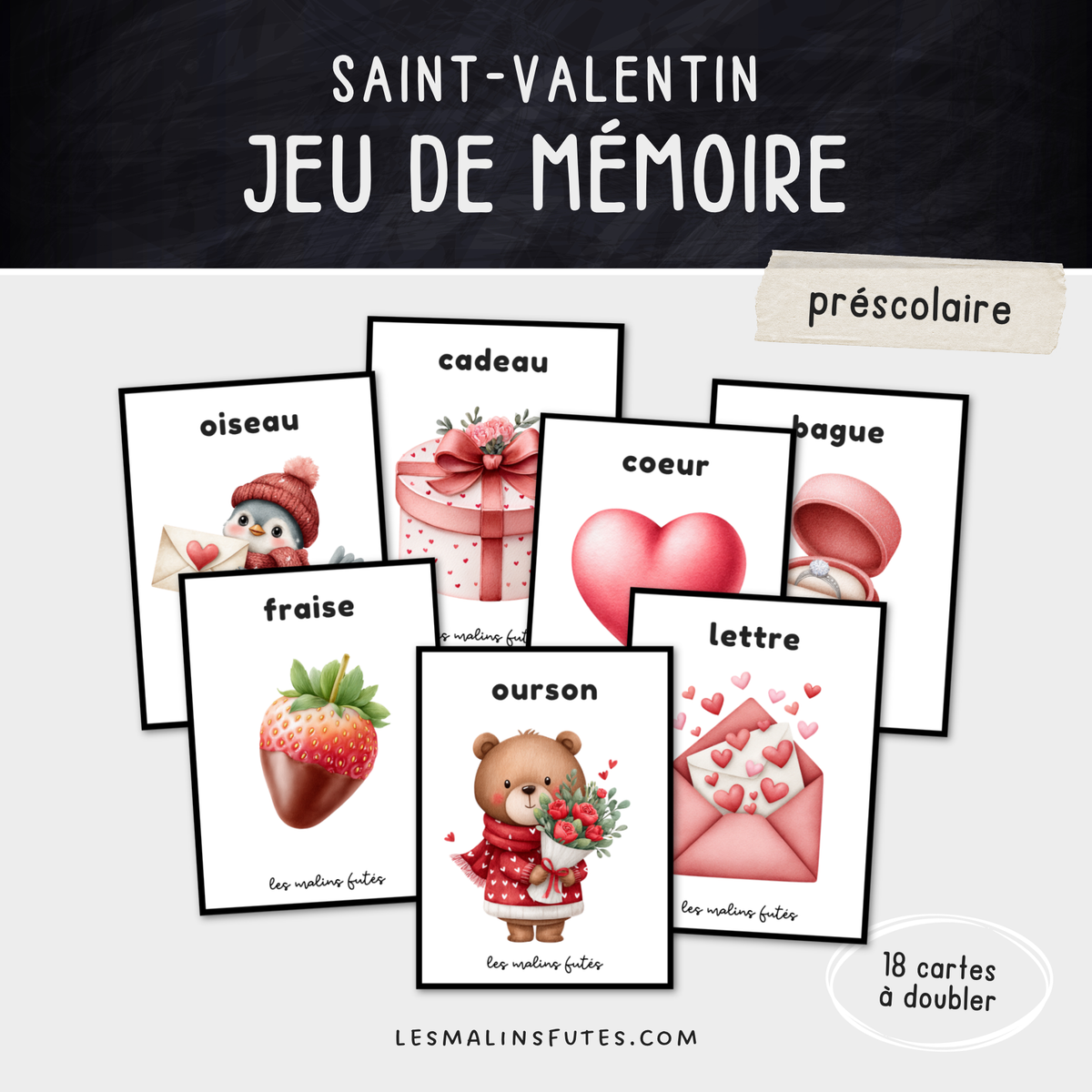 Illustrations du jeu de mémoire de la Saint-Valentin pour le préscolaire. Les Malins Futés
