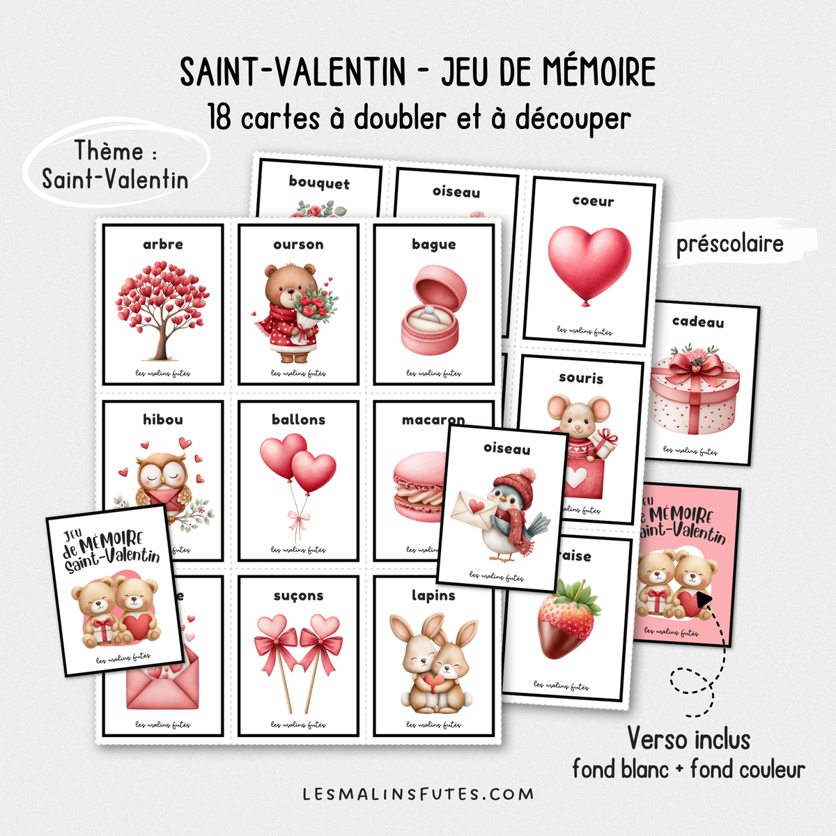 Illustrations du jeu de mémoire de la Saint-Valentin pour le préscolaire. Les Malins Futés