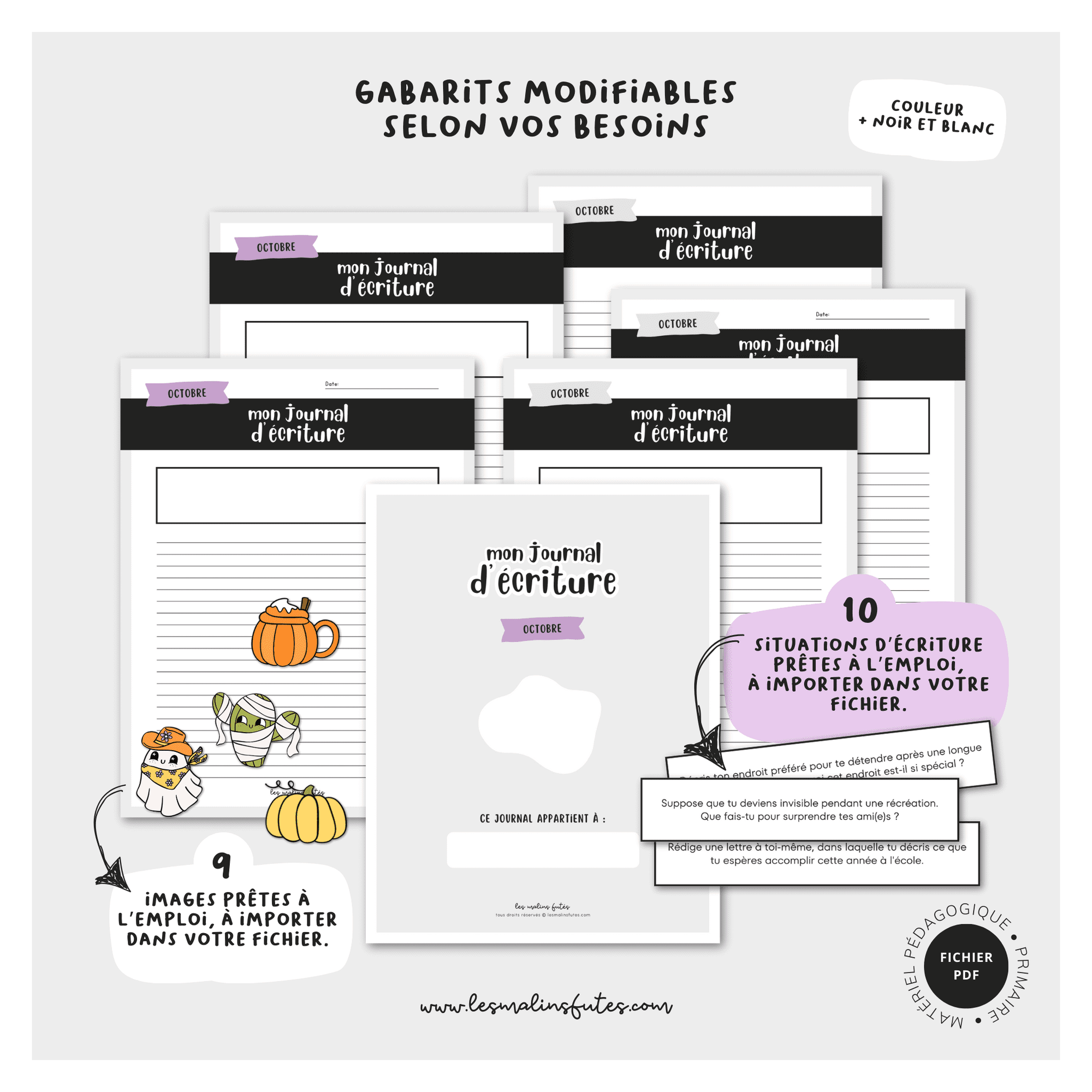 Gabarits Mon journal d'écriture d'octobre - modifiable. Les Malins Futés