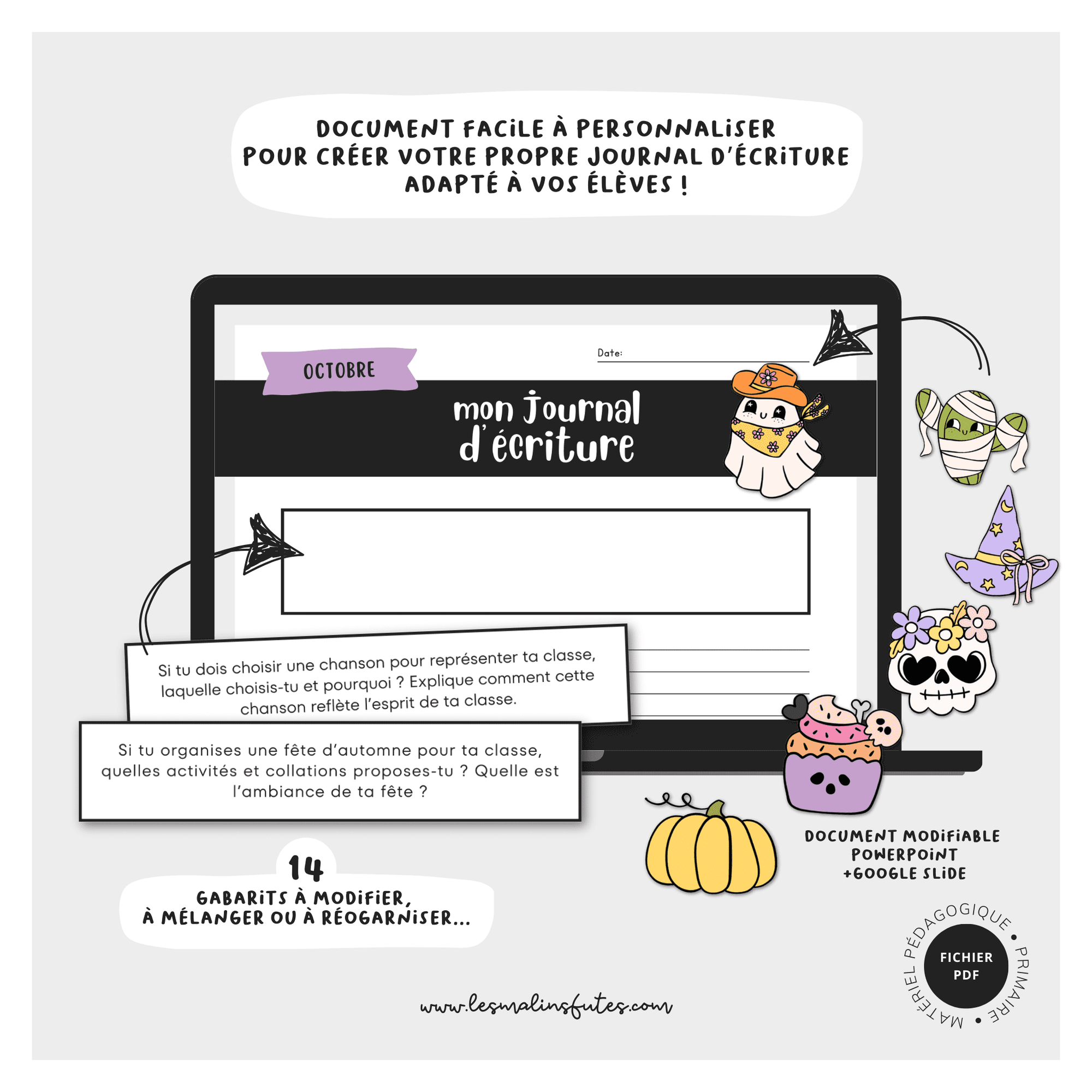 Gabarits Mon journal d'écriture d'octobre - modifiable. Les Malins Futés