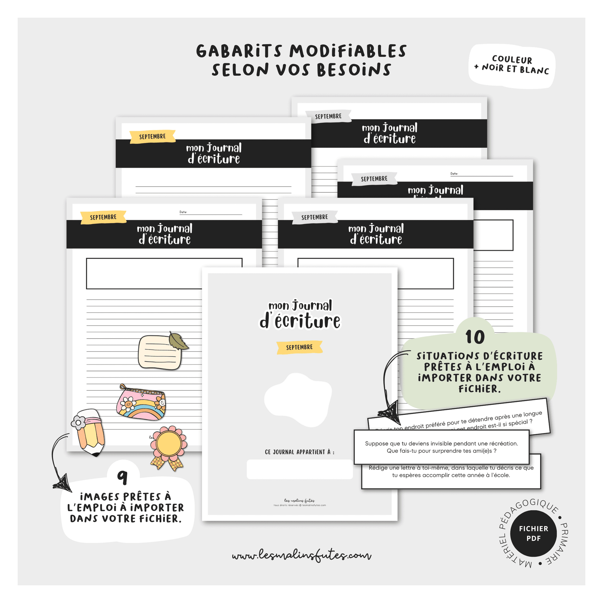 Gabarits Mon journal d'écriture d'octobre - modifiable. Les Malins Futés