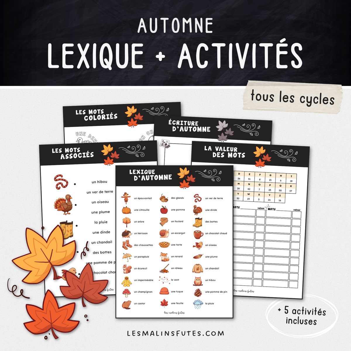 Illustrations pour un lexique d'automne avec 5 activités. Les Malins Futés