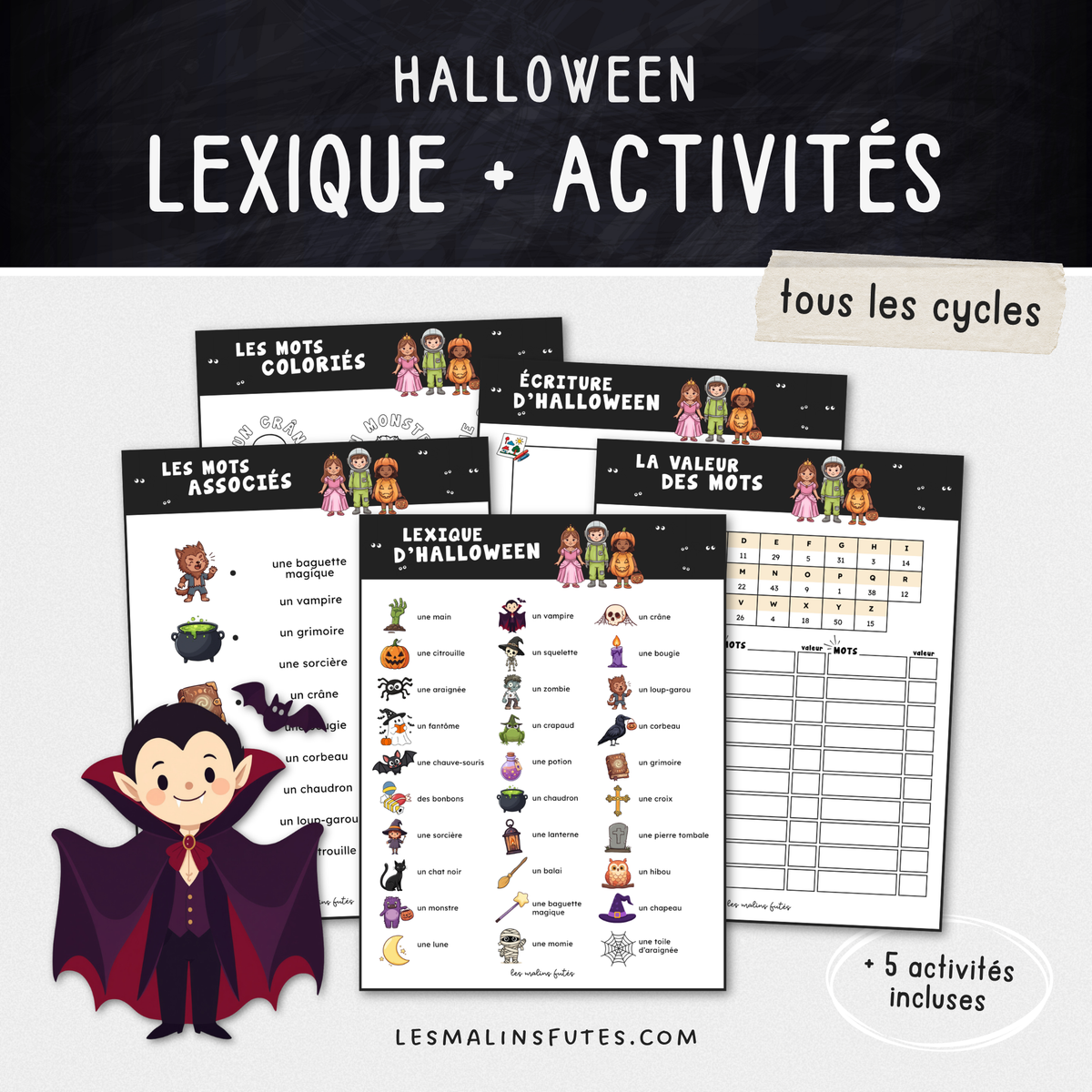 Illustrations pour un lexique d'Halloween avec 5 activités. Les Malins Futés