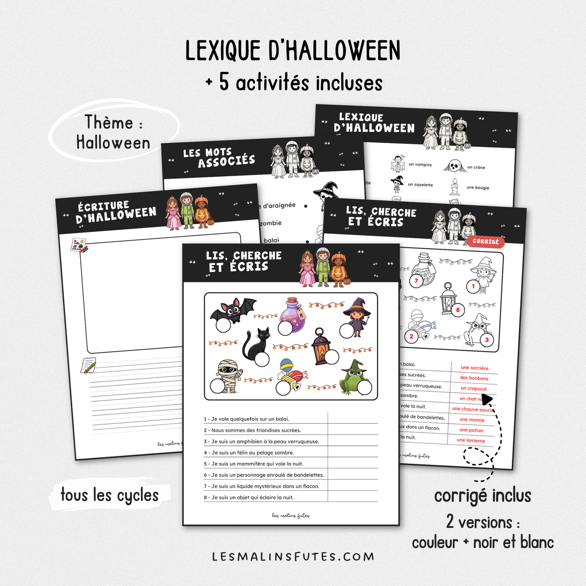 Illustrations pour un lexique d'Halloween avec 5 activités. Les Malins Futés
