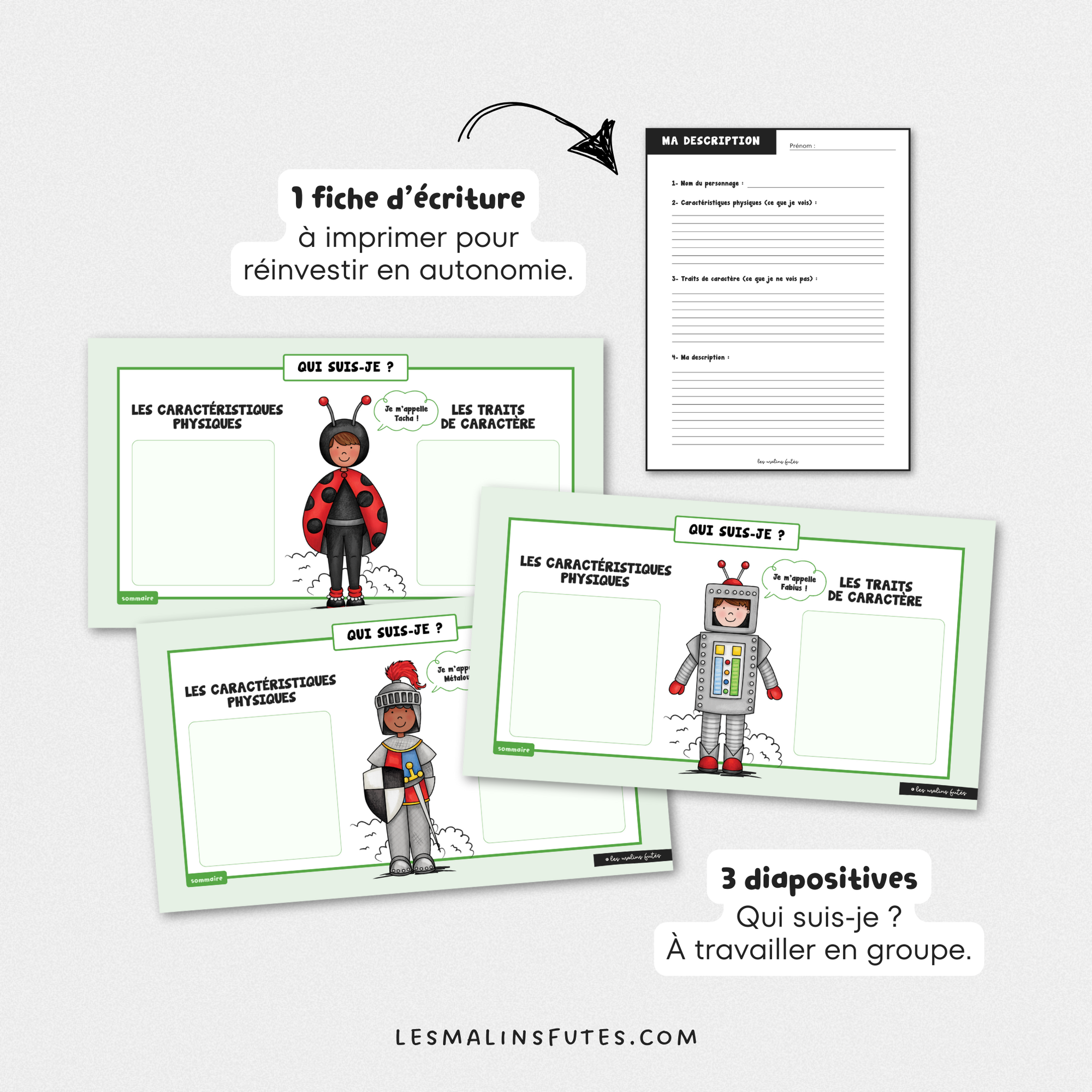 Pour le 2e cycle, mini-leçon TNI sur la description d'un personnage. Les Malins Futés