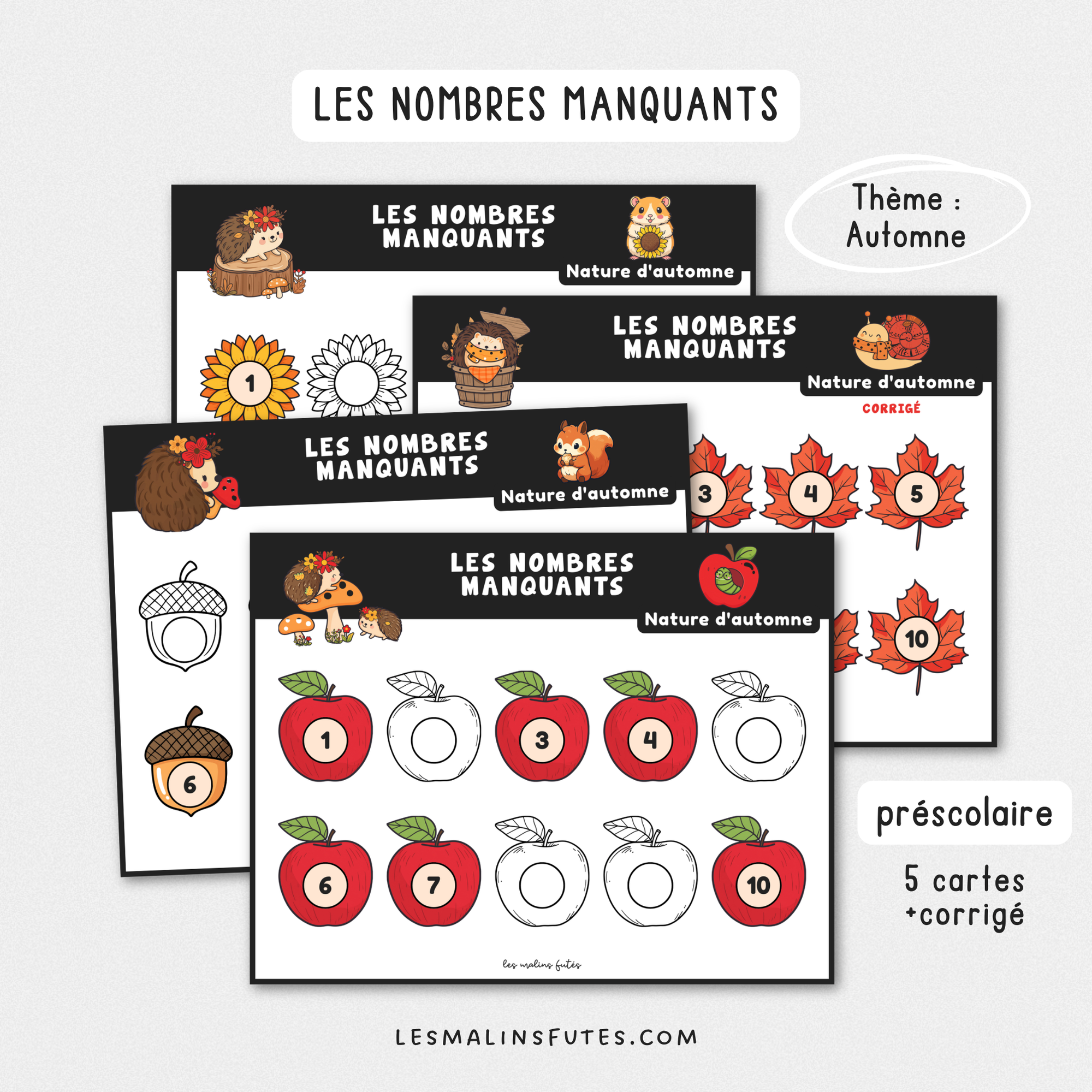 Illustration de fiches pédagogiques avec éléments graphiques sur le thème de l'automne. Les Malins Futés