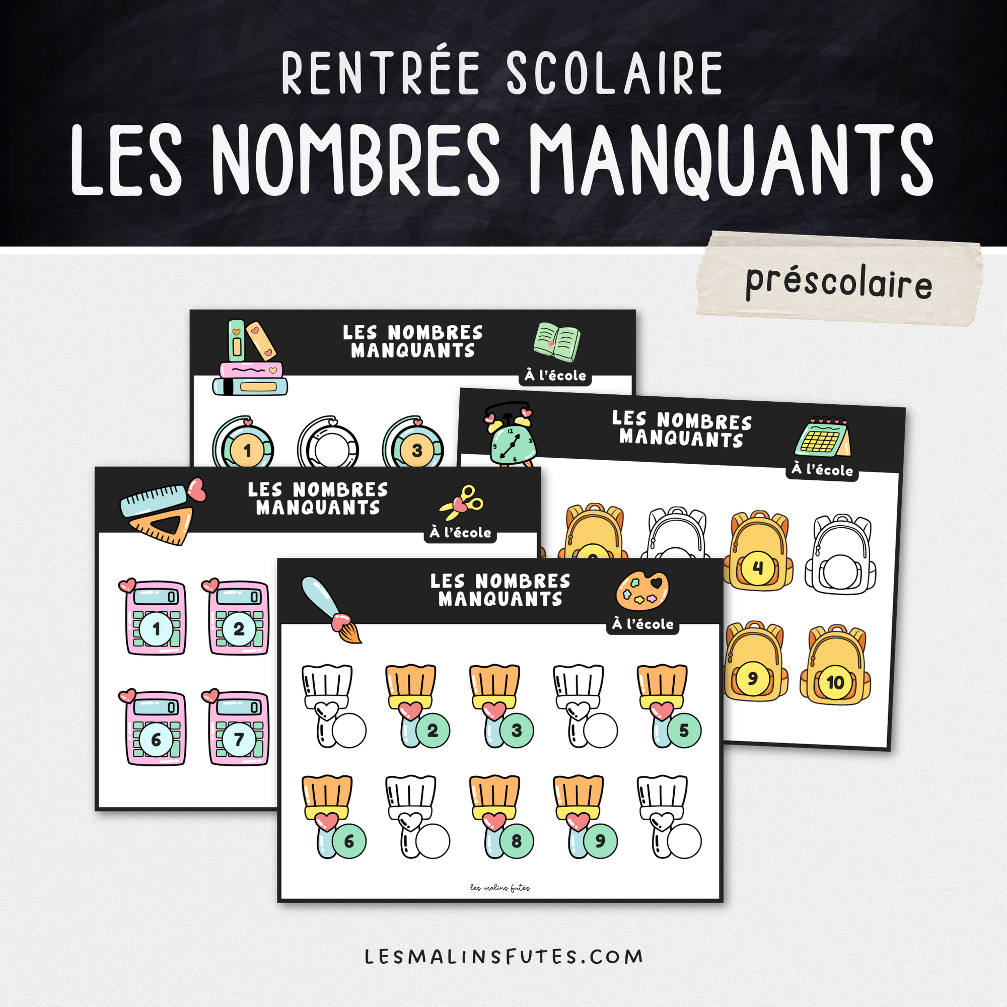 Illustration de fiches pédagogiques avec éléments graphiques sur le thème de l'école. Les Malins Futés