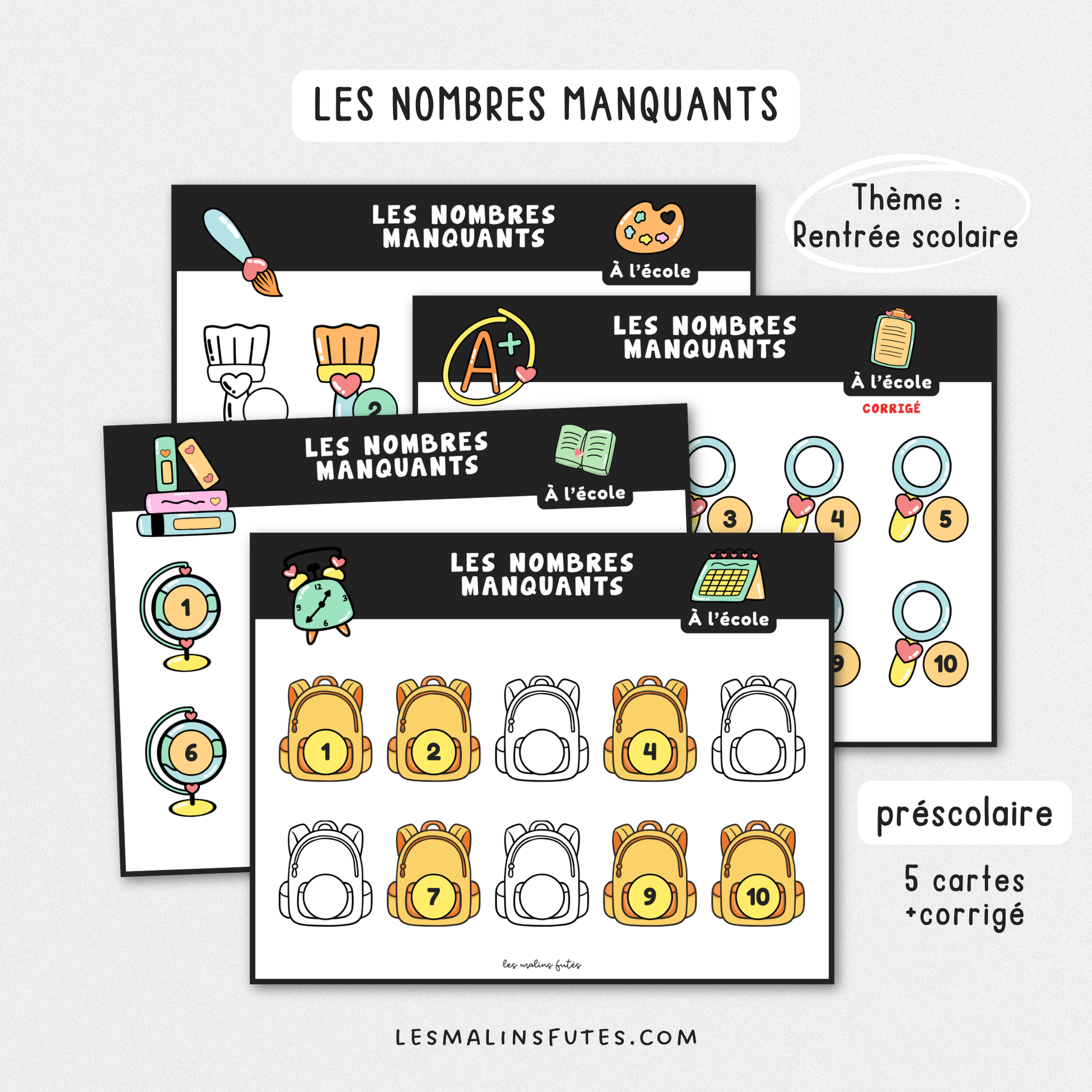 Illustration de fiches pédagogiques avec éléments graphiques sur le thème de l'école. Les Malins Futés