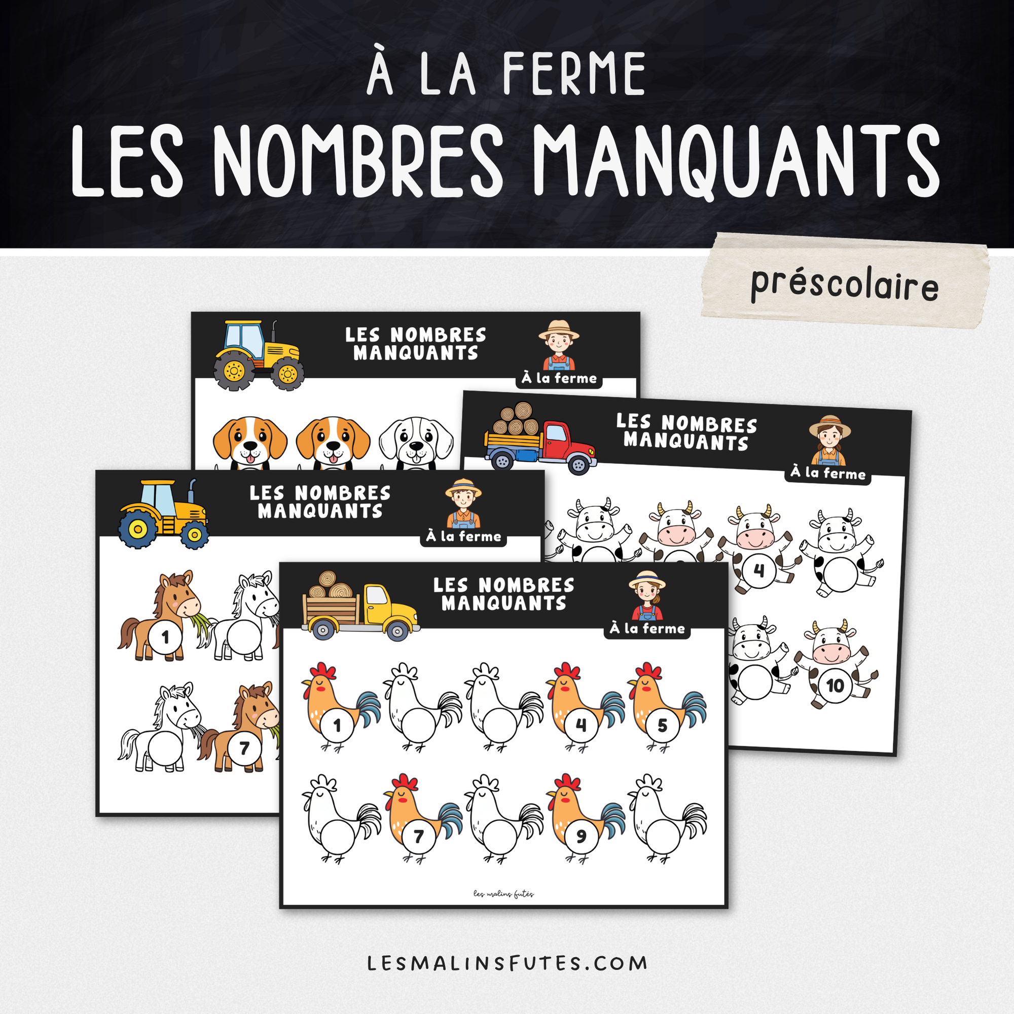 Illustration de fiches pédagogiques avec éléments graphiques sur le thème de la ferme. Les Malins Futés