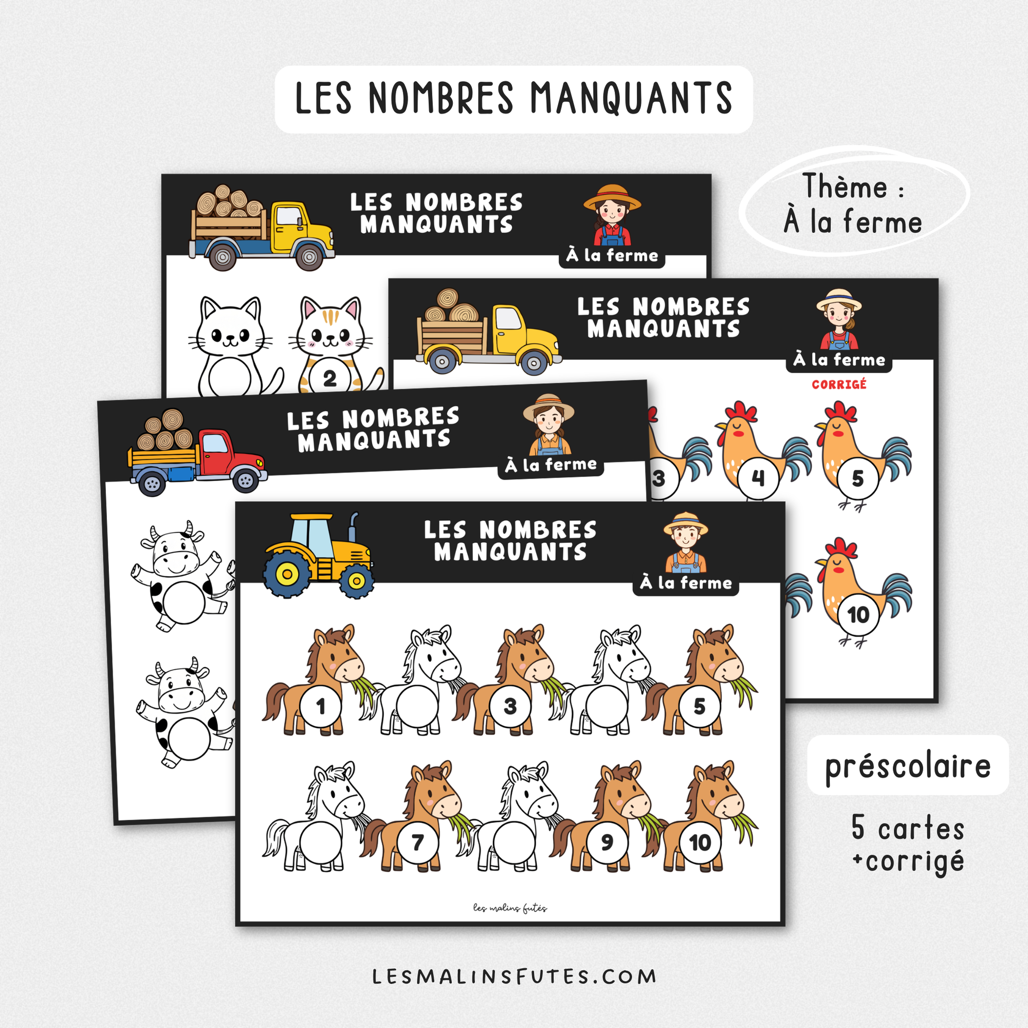 Illustration de fiches pédagogiques avec éléments graphiques sur le thème de la ferme. Les Malins Futés