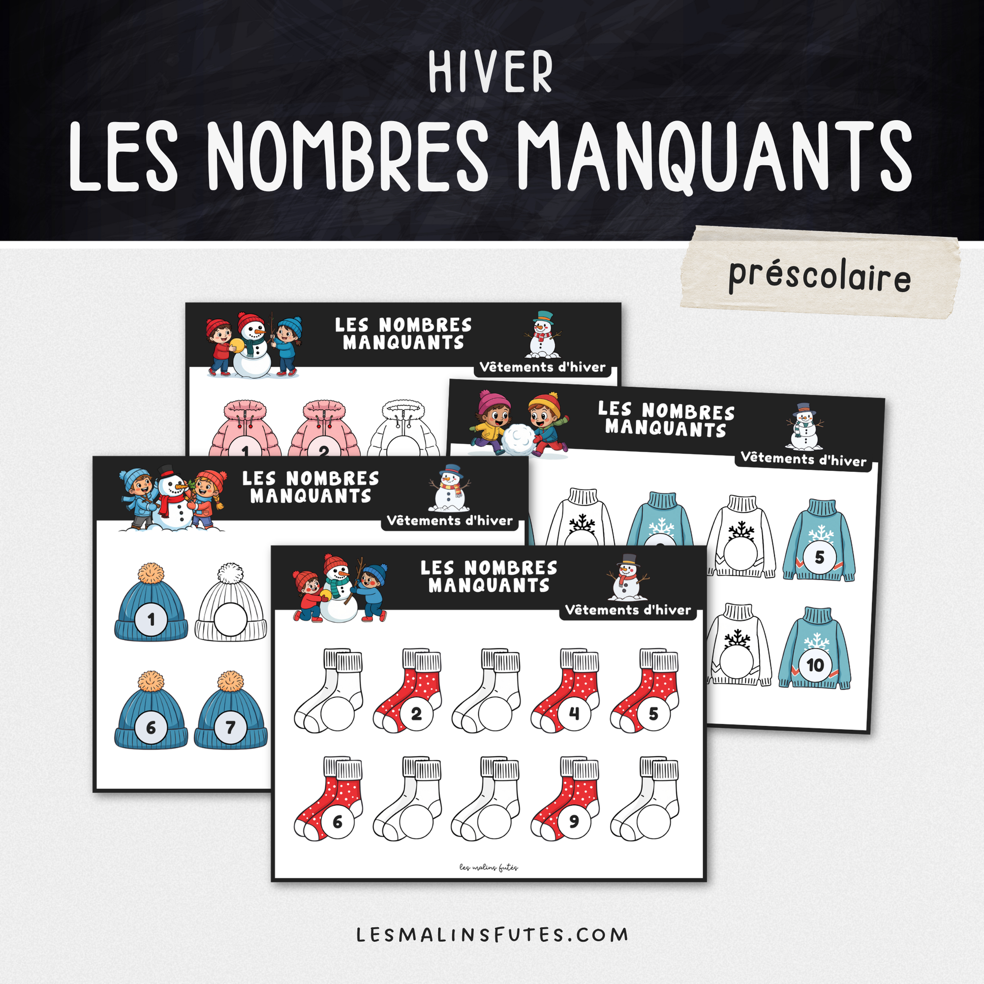 Illustration de fiches pédagogiques avec éléments graphiques sur le thème de l'hiver. Les Malins Futés