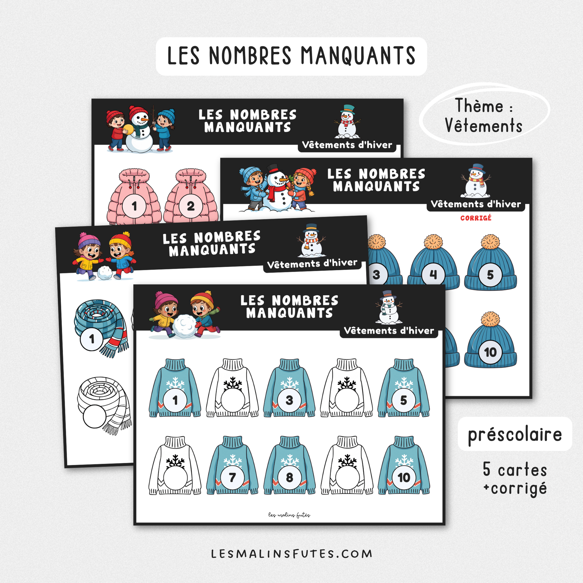 Illustration de fiches pédagogiques avec éléments graphiques sur le thème de l'hiver. Les Malins Futés