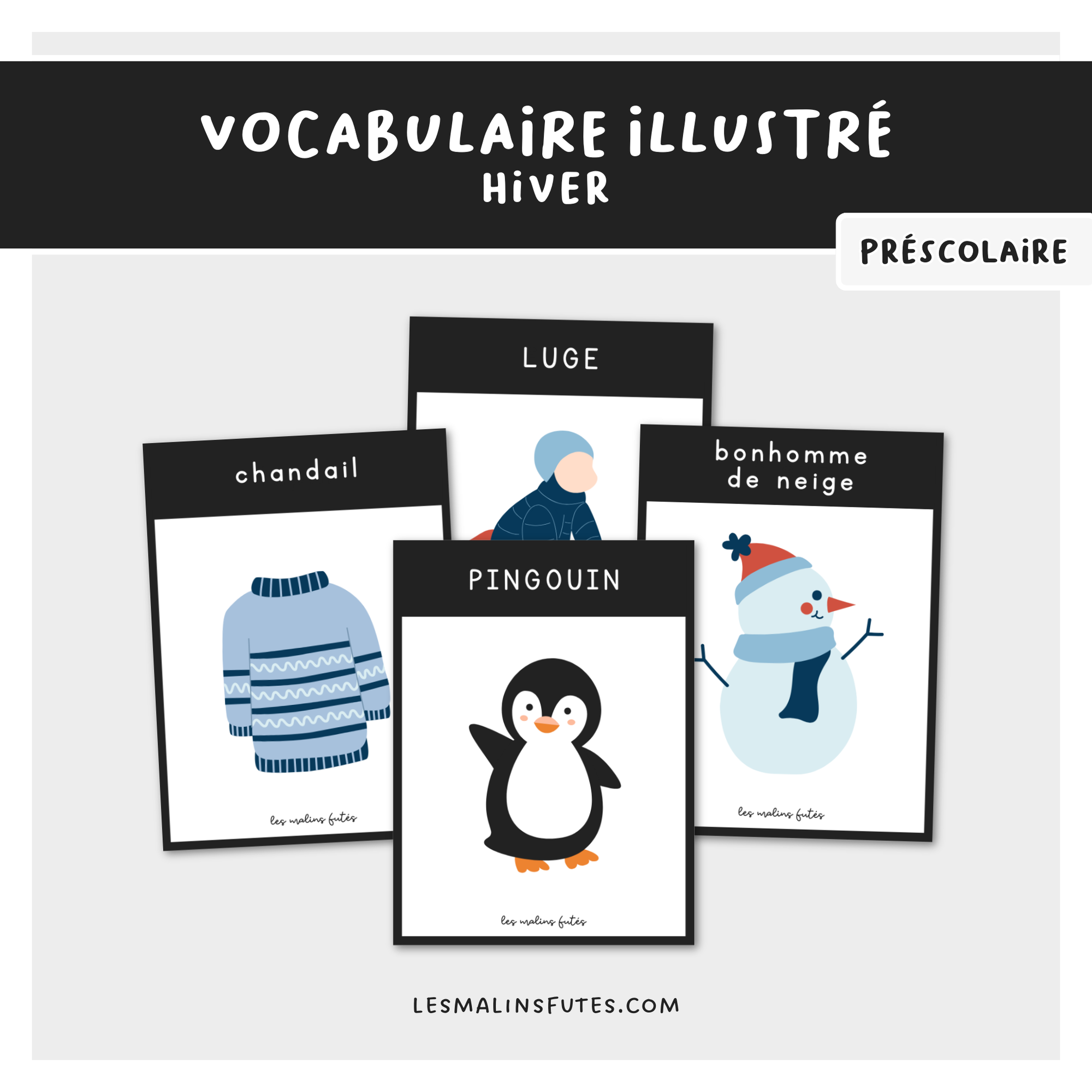 Vocabulaire illustré pour le préscolaire sur le thème de l'hiver. Les Malins Futés