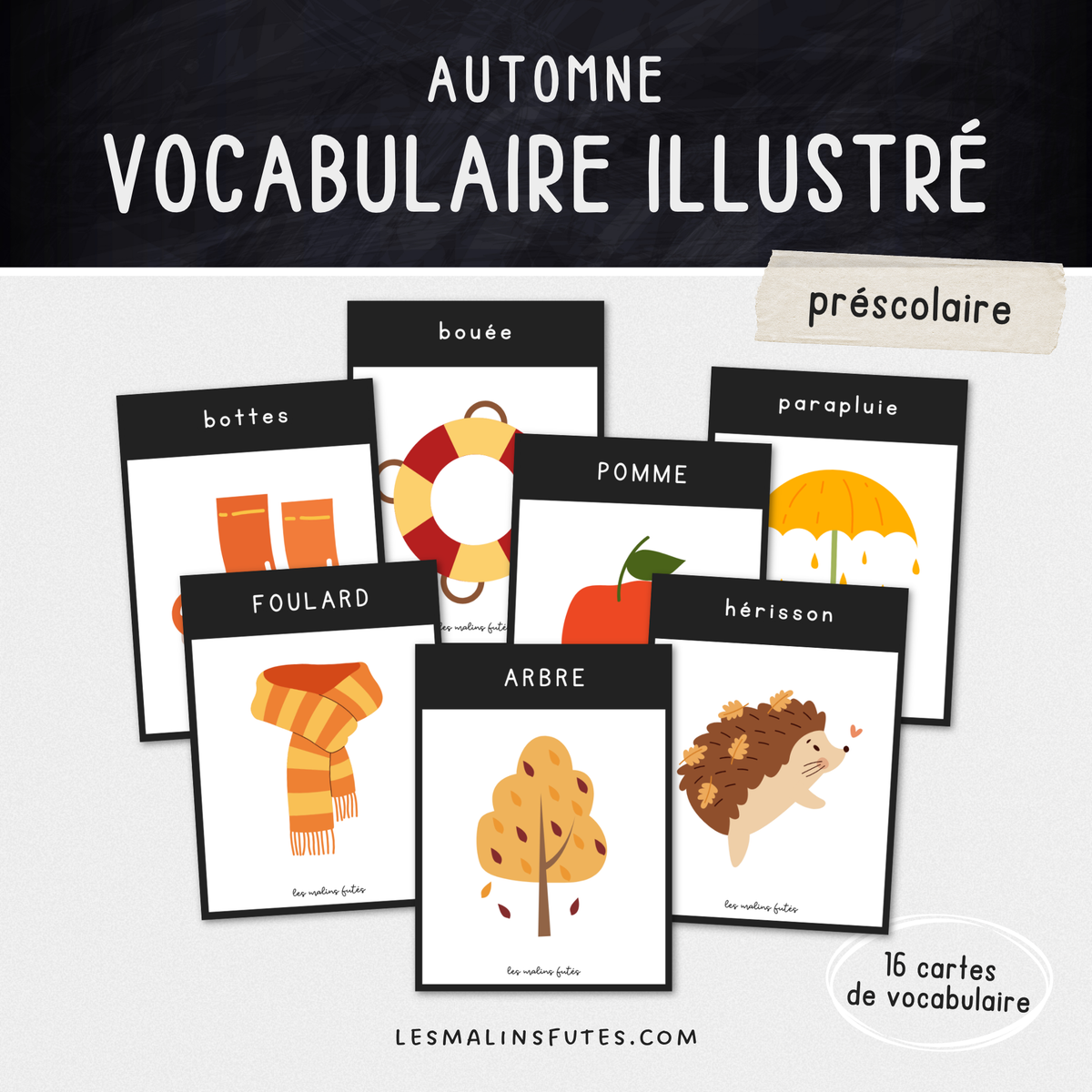 Illustrations des cartes de vocabulaire pour le préscolaire sur le thème de l'automne. Les Malins Futés