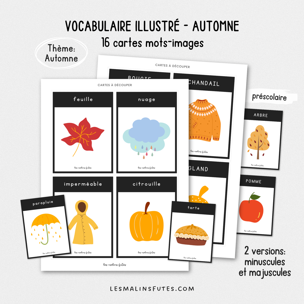 Illustrations des cartes de vocabulaire pour le préscolaire sur le thème de l'automne. Les Malins Futés