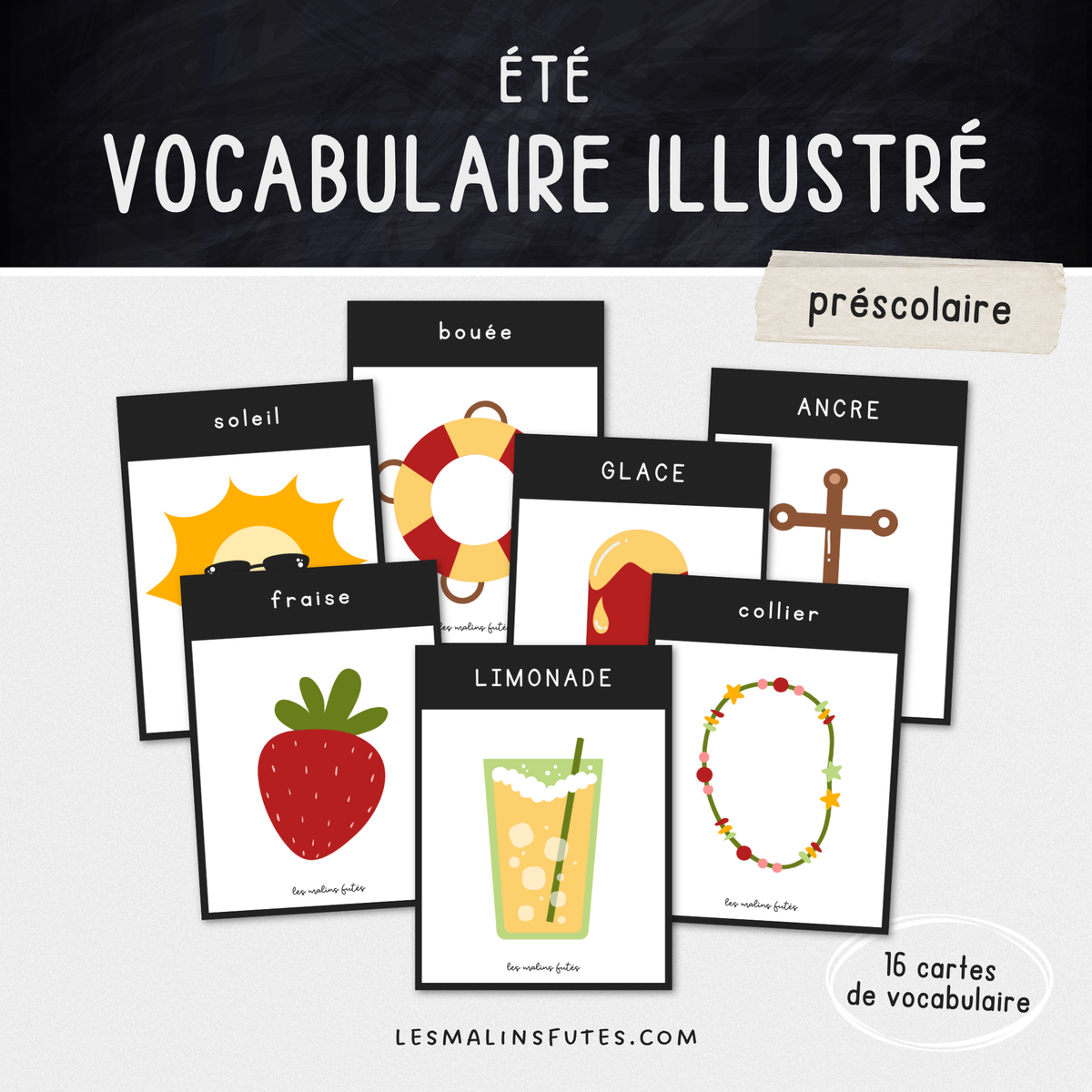 Illustrations des cartes de vocabulaire pour le préscolaire sur le thème de l'été. Les Malins Futés