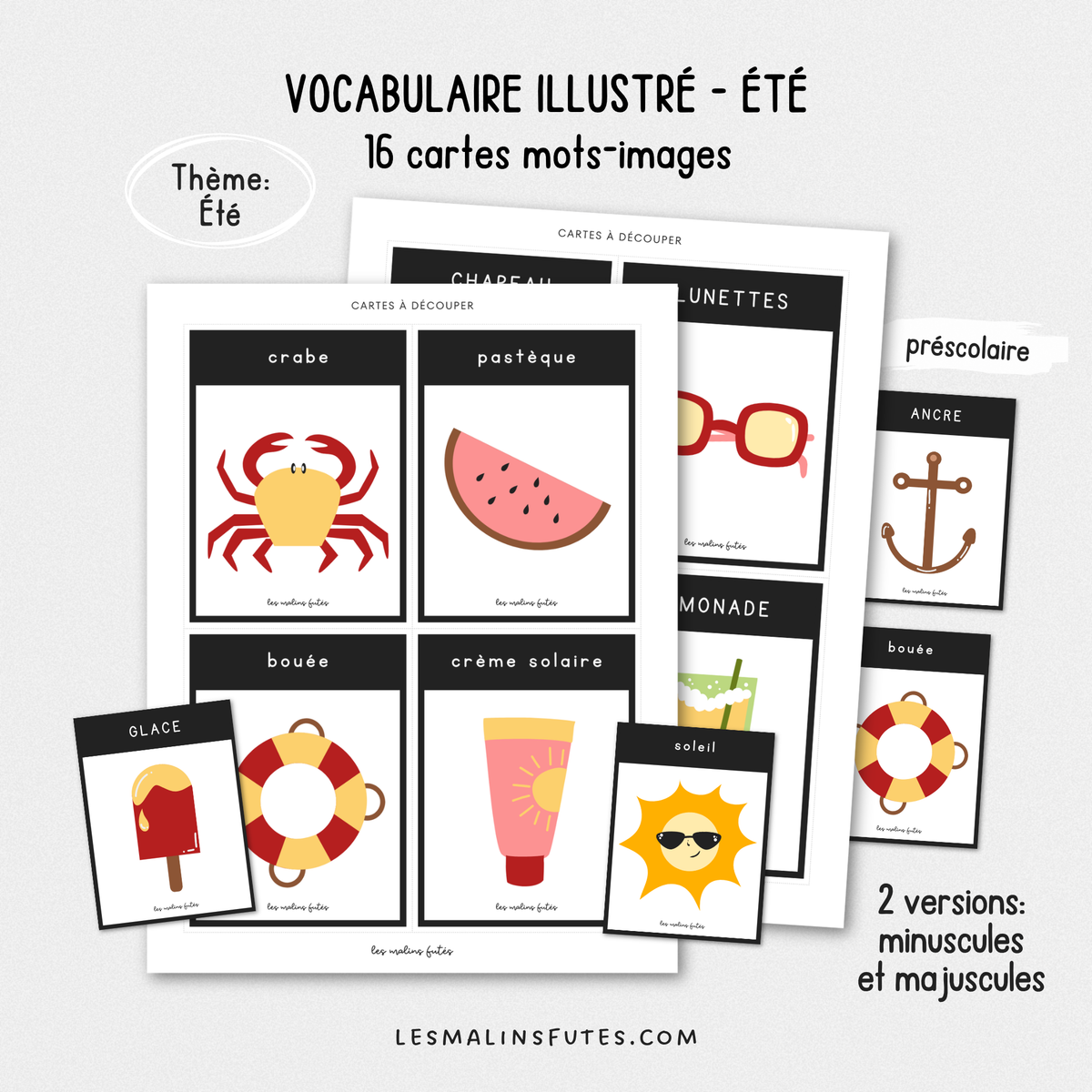 Illustrations des cartes de vocabulaire pour le préscolaire sur le thème de l'été. Les Malins Futés