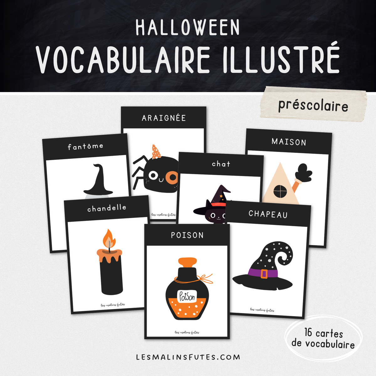 Illustrations des cartes de vocabulaire pour le préscolaire sur le thème d'Halloween. Les Malins Futés