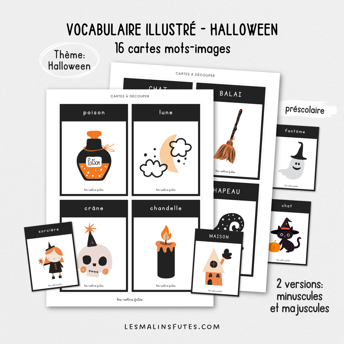 Illustrations des cartes de vocabulaire pour le préscolaire sur le thème d'Halloween. Les Malins Futés