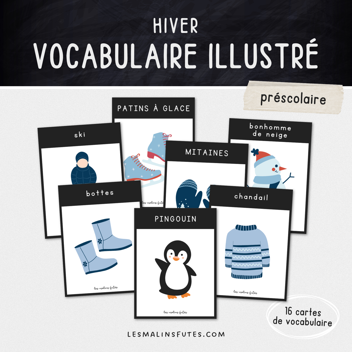 Illustrations des cartes de vocabulaire pour le préscolaire sur le thème de l'hiver. Les Malins Futés