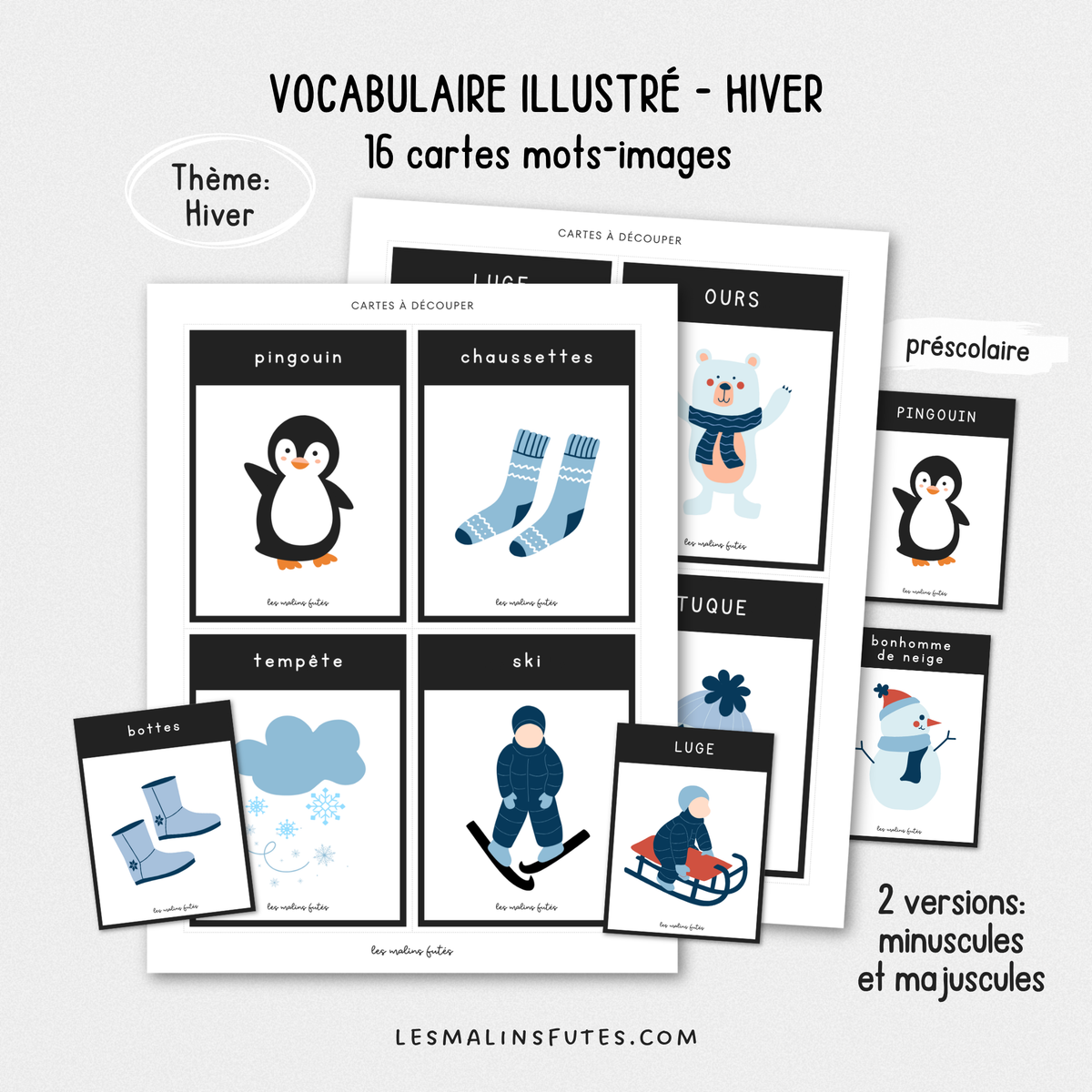 Illustrations des cartes de vocabulaire pour le préscolaire sur le thème de l'hiver. Les Malins Futés