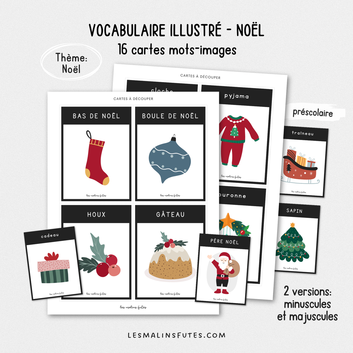 Illustrations des cartes de vocabulaire pour le préscolaire sur le thème de Noël. Les Malins Futés