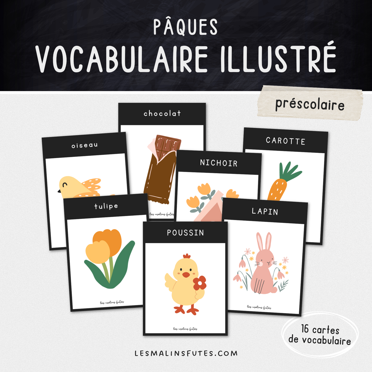 Illustrations des cartes de vocabulaire pour le préscolaire sur le thème de Pâques. Les Malins Futés