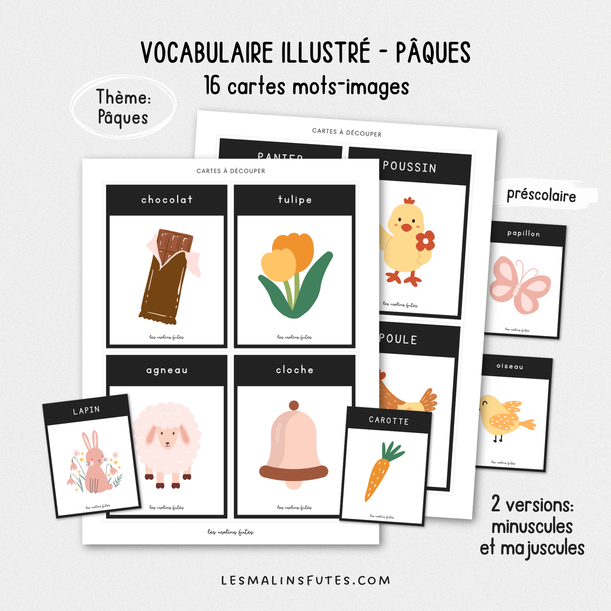 Illustrations des cartes de vocabulaire pour le préscolaire sur le thème de Pâques. Les Malins Futés